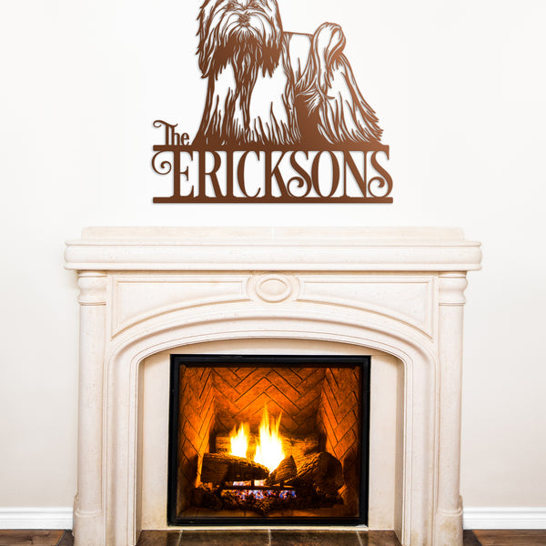 copper maltese dog metal wall art over fireplace