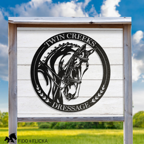 Metal dressage horse sign with barn name on wood sign post