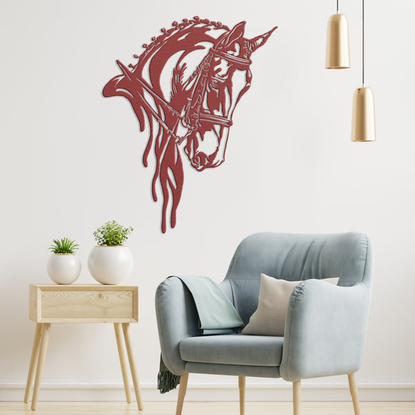 red metal dressage horse sign in living room