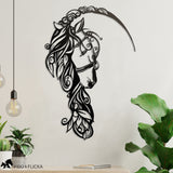 Metal horse head with long flowing mane wall art over shelf
