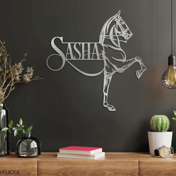 silver metal saddlebred horse sign over shelf