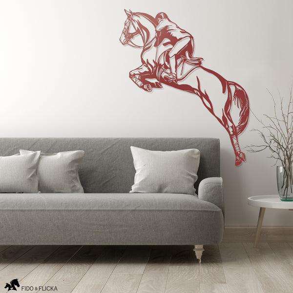 red metal show jumping horse wall art in living room