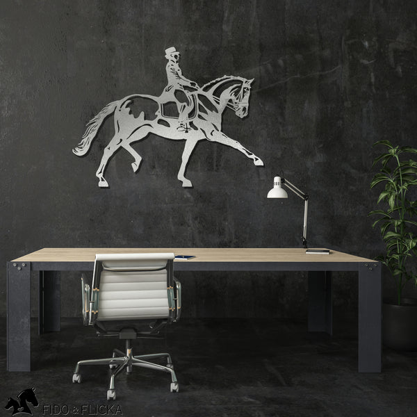 silver dressage horse extended trot on dark wall in office