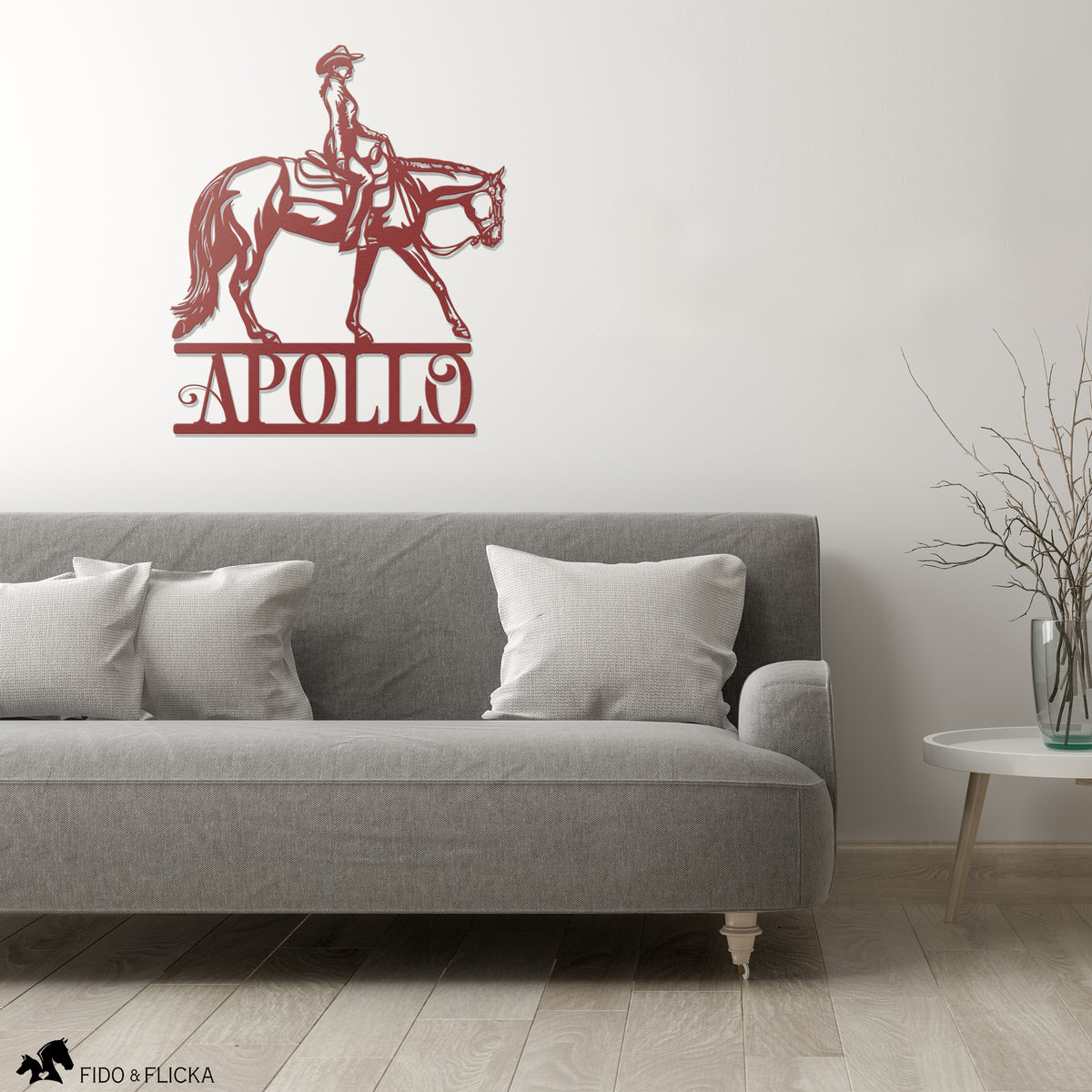 red metal western pleasure horse wall art in living room